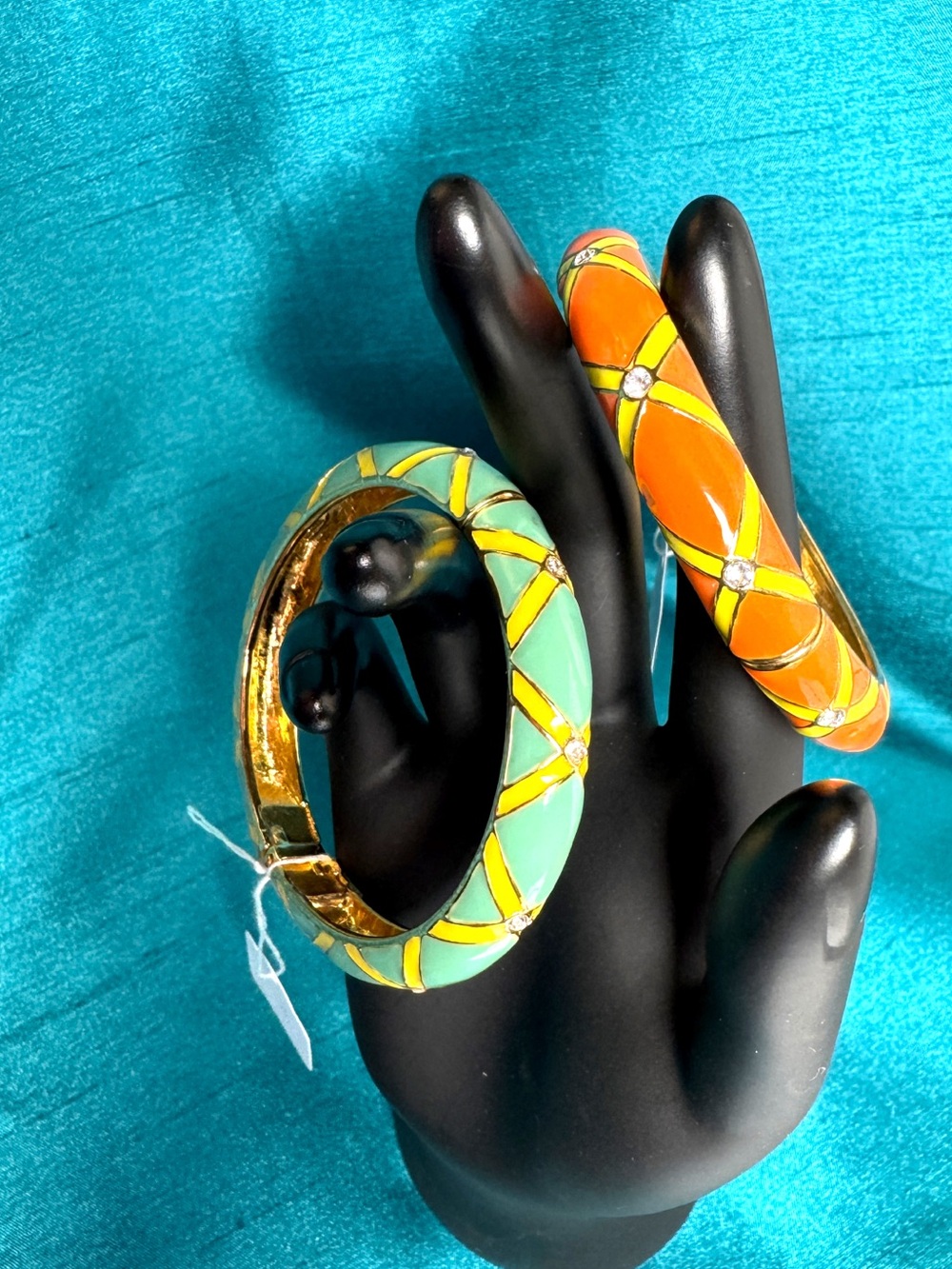 Signed RJ Graziano Orange and Mint Enamel Bangle Bracelet Set
